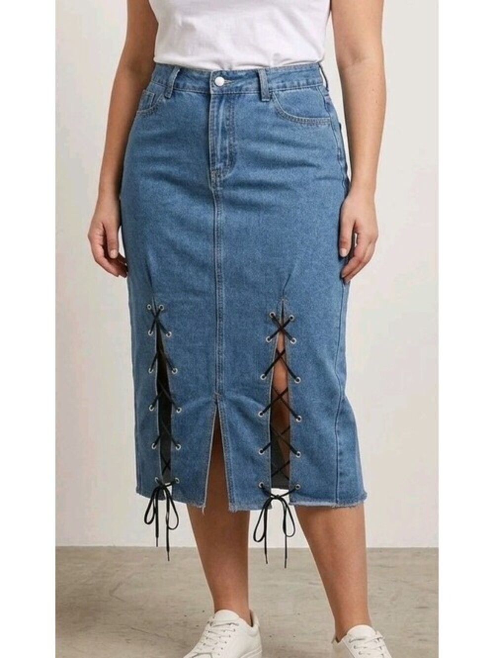 SHEIN Lace Up Denim Skirt Women Size Large Blue Medium Wash Front Slit Midi